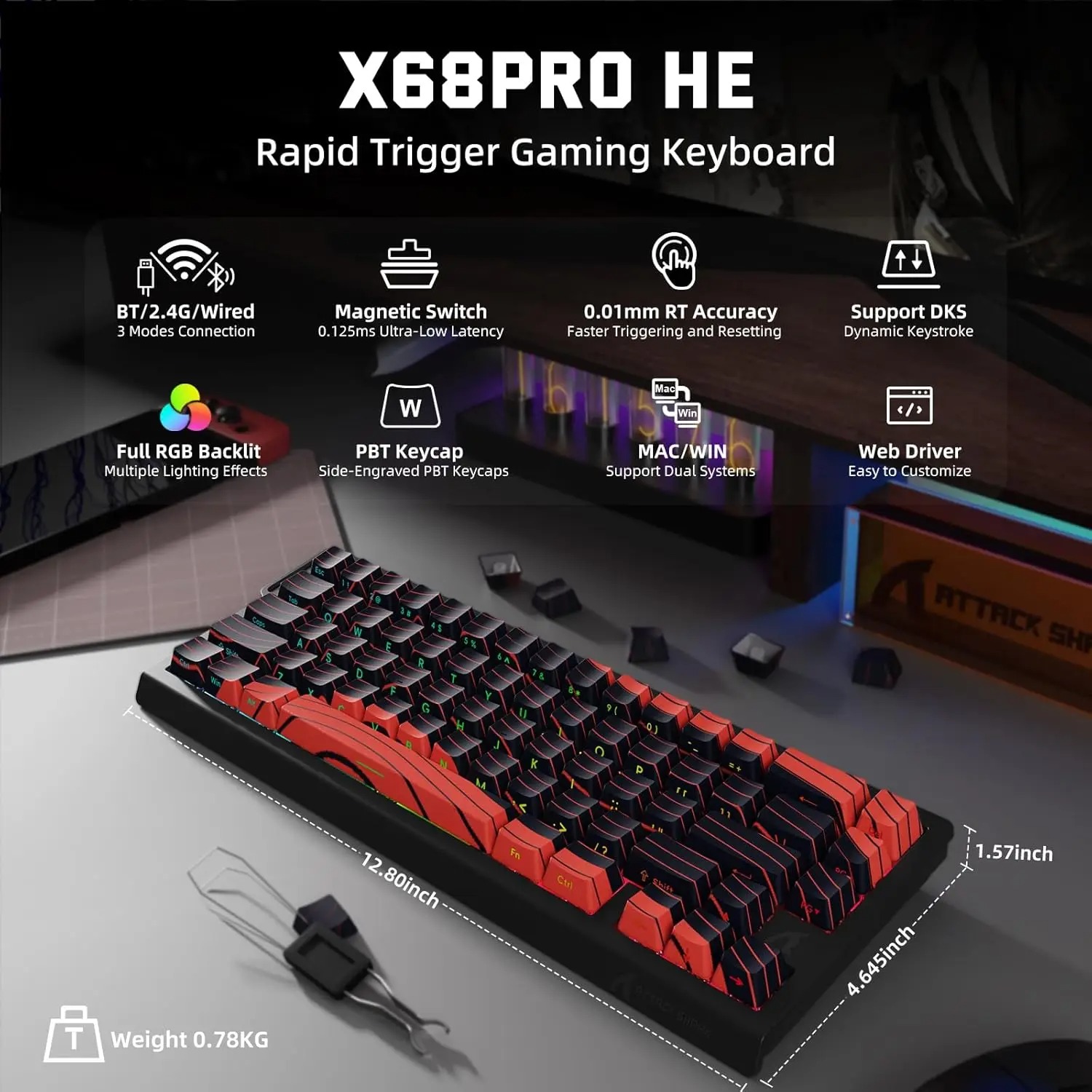 ATTACK SHARK X68 PRO HE Wirele - Gaming Keyboard Mechanical Wireless avaliação e preço