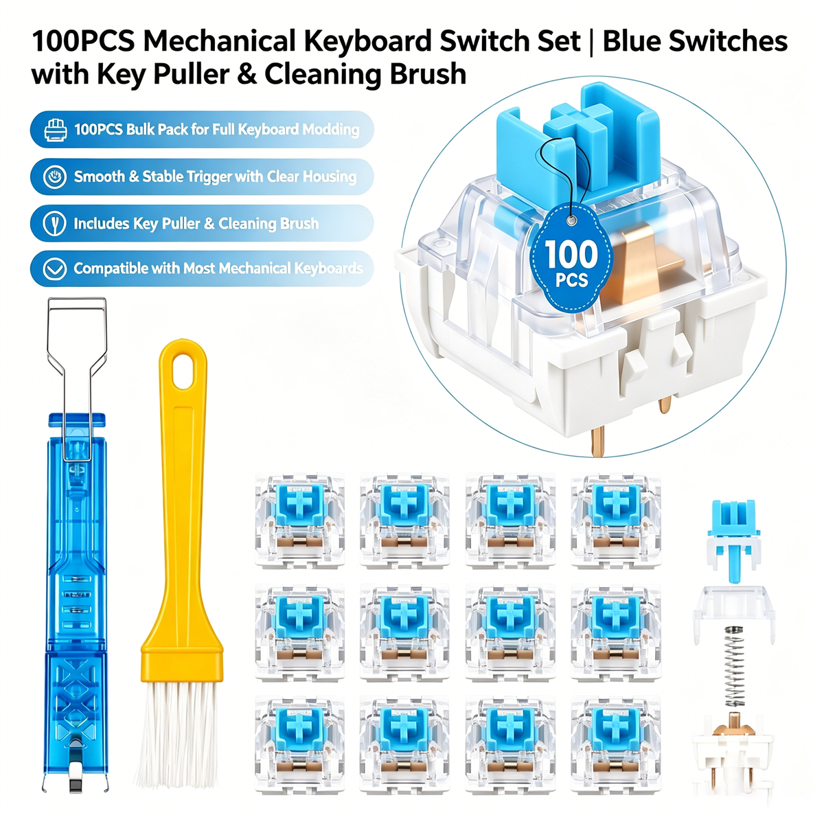 100Pack Clear RGB Backlight Me - Gaming Keyboard Blue Switches avaliação e preço